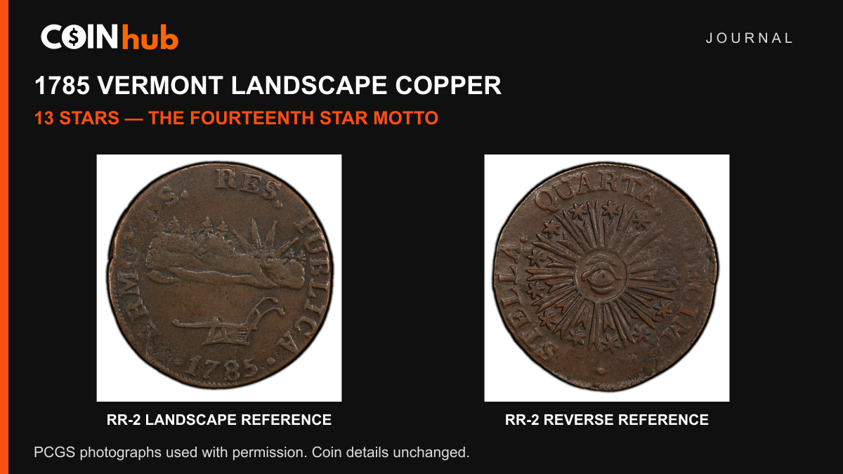 PCGS photograph of both faces of a 1785 Vermont RR-2 copper, showing sun, mountains, plow, central eye and thirteen stars