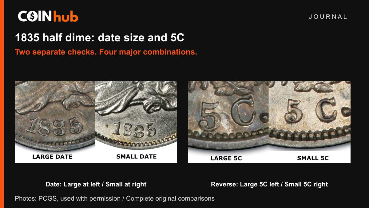 Two complete PCGS comparisons of Large Date versus Small Date and Large 5C versus Small 5C on 1835 Capped Bust half dimes