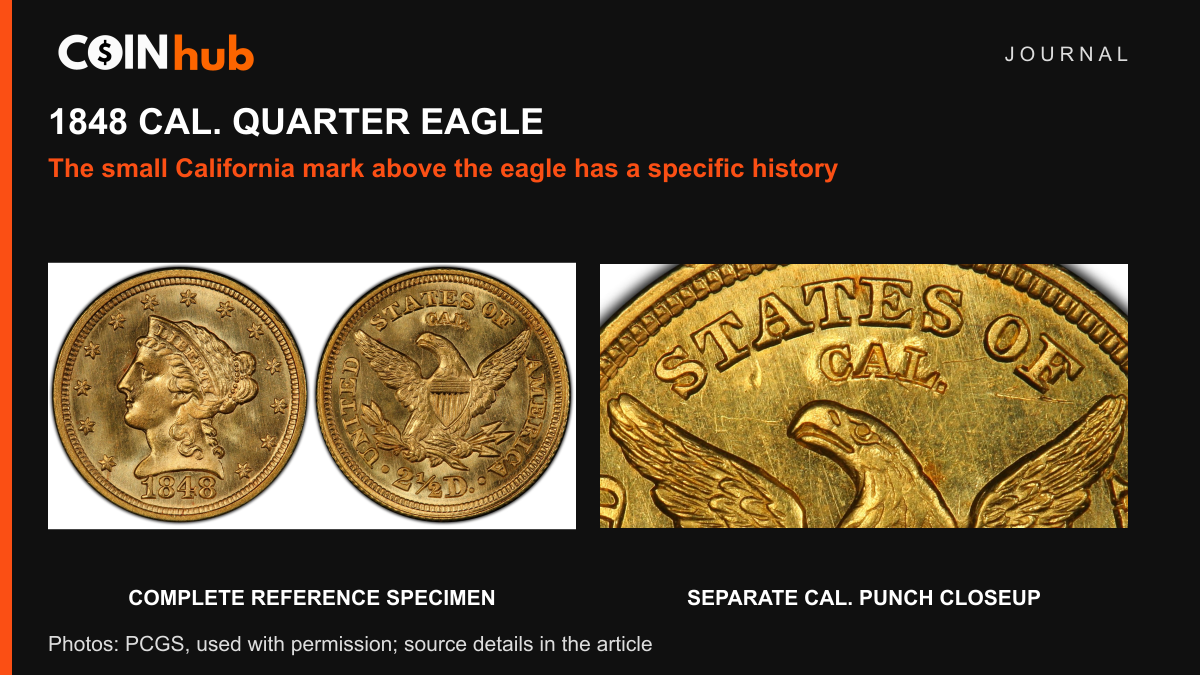 PCGS photographs of an 1848 CAL quarter eagle, with a complete front-and-back reference specimen at left and a separate closeup of the CAL. punch above the eagle at right
