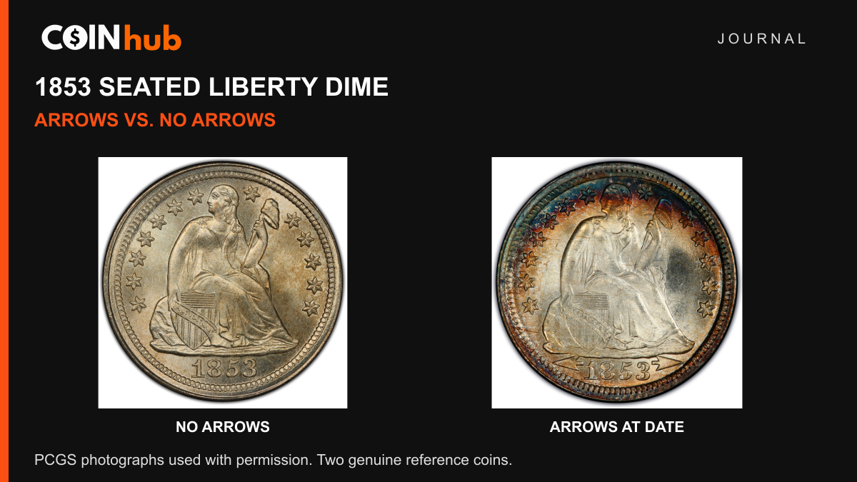 Genuine 1853 No Arrows and Arrows Seated Liberty dime obverses, showing the different spaces beside the date in PCGS photographs