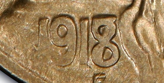 PCGS close-up of a genuine 1918 over 7 Buffalo nickel date, showing the underlying seven within the eight