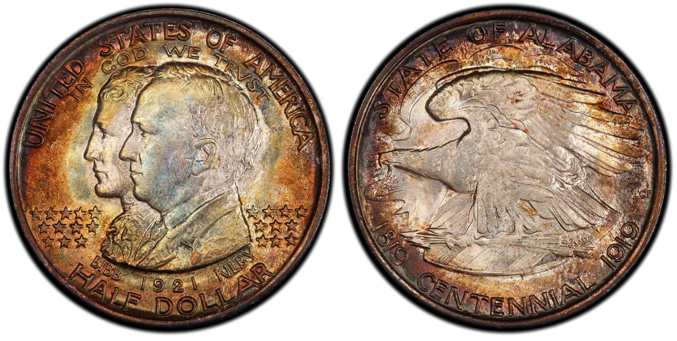 Both faces of the genuine plain 1921 Alabama half dollar, with portraits and 1921 on the front and an eagle with centennial dates on the back