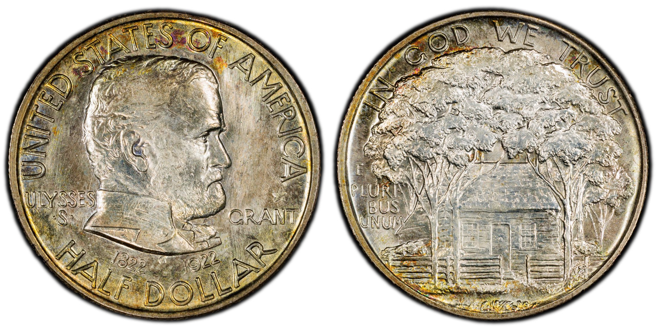 Both faces of the genuine PCGS MS67+ 1922 Grant with-star half dollar, with Grant's portrait and recessed star on the front and his birthplace on the back