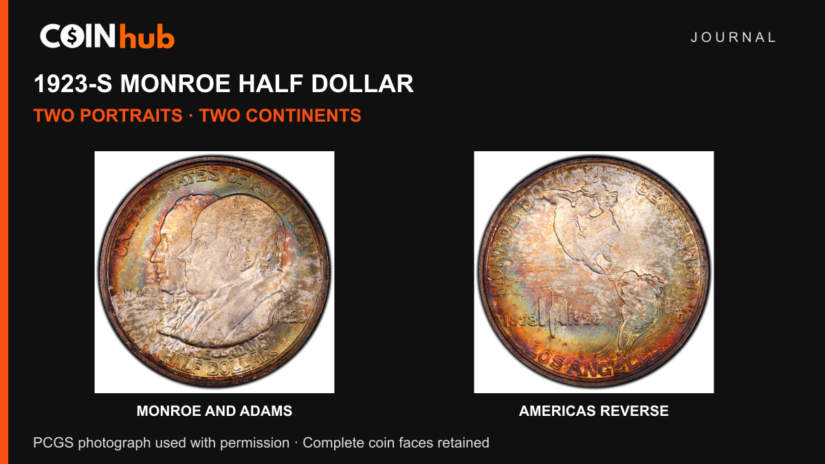 Genuine PCGS 1923-S Monroe half dollar with the named portraits at left and Americas reverse at right