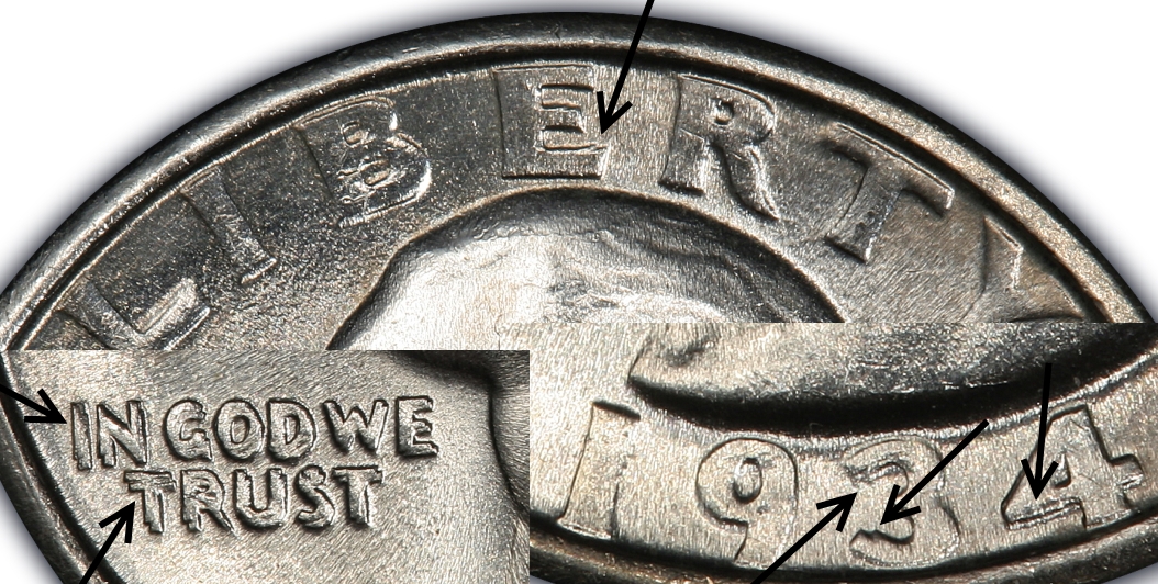 PCGS supplied detail montage of the 1934 doubled die quarter, with original arrows pointing to extra edges in LIBERTY, the motto and date