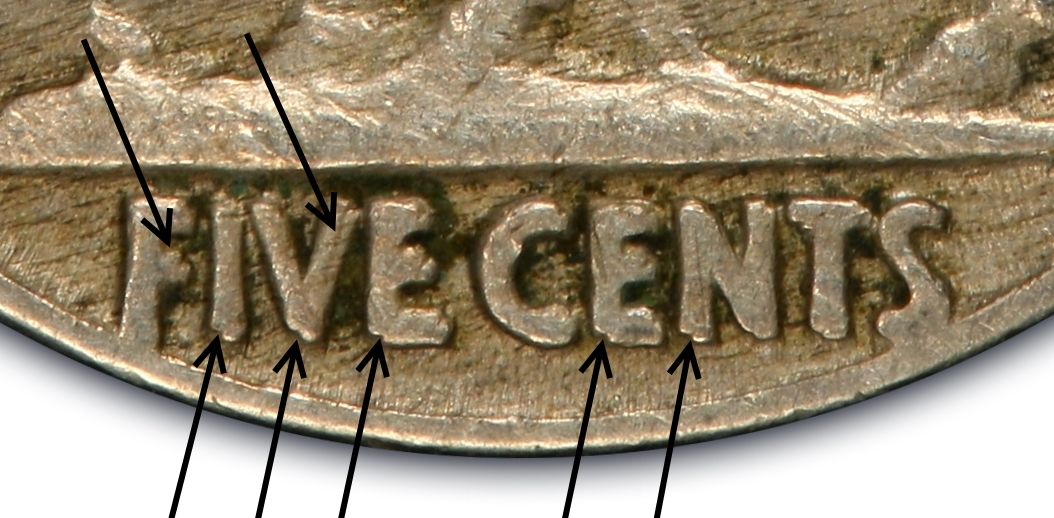 PCGS reference photograph of doubled FIVE CENTS lettering on a 1935 FS-801 Buffalo nickel, with the original PCGS arrows