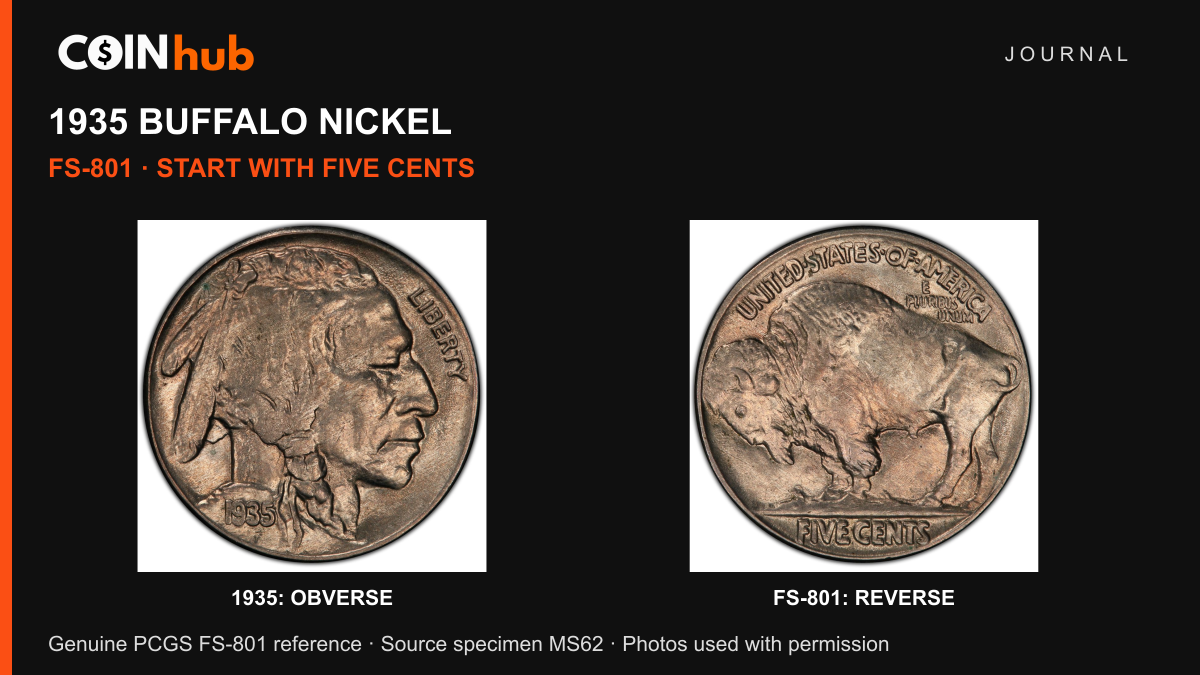 Both faces of a genuine PCGS MS62 1935 Philadelphia FS-801 Buffalo nickel, with obverse and doubled die reverse labels