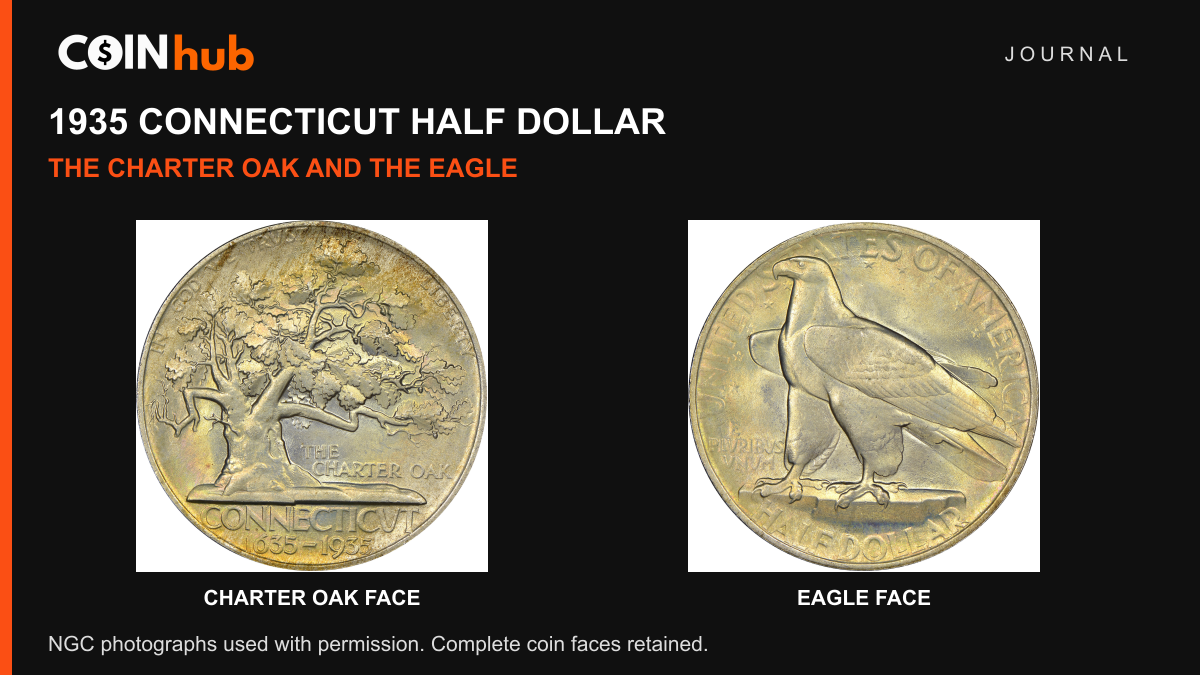 Complete Charter Oak and eagle faces of a genuine 1935 Connecticut half dollar, photographed by NGC