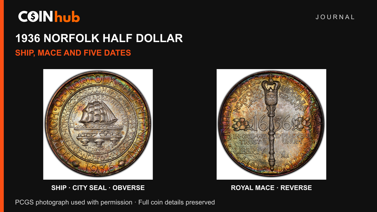 Genuine 1936 Norfolk half dollar with complete ship-side obverse and royal-mace reverse