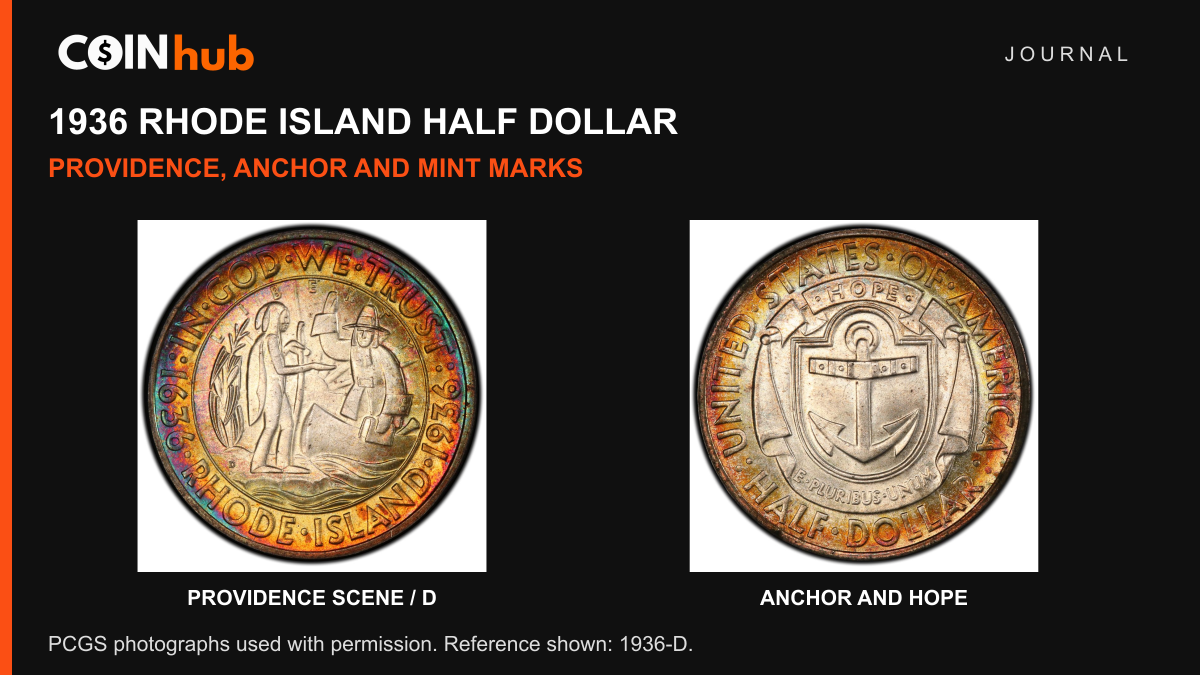 Complete scene and anchor faces of a genuine 1936-D Rhode Island half dollar photographed by PCGS