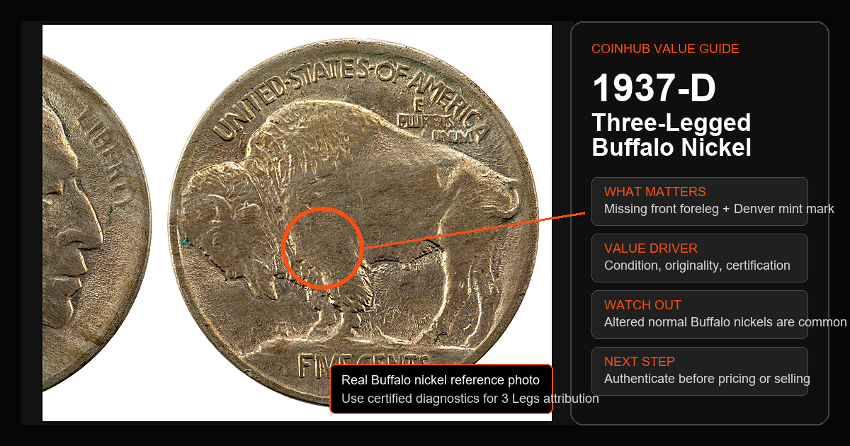 CoinHub guide graphic using a real Buffalo nickel reference image with the 1937-D three-legged diagnostic area marked