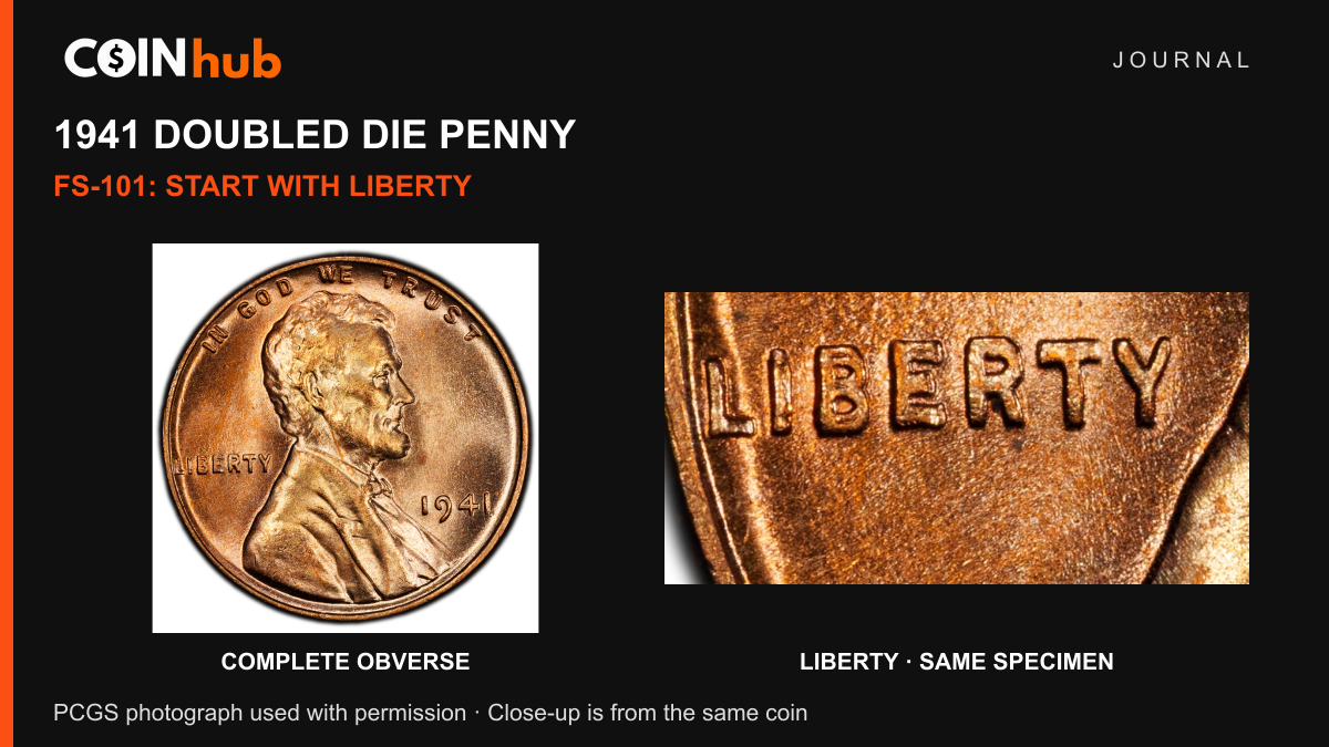 Genuine 1941 FS-101 Lincoln cent with its complete obverse and a labeled LIBERTY close-up from the same PCGS photograph