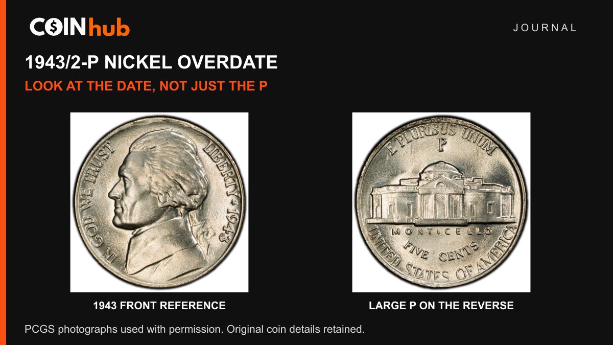 Complete front and back of a genuine 1943/2-P Jefferson nickel with the date and large reverse P visible