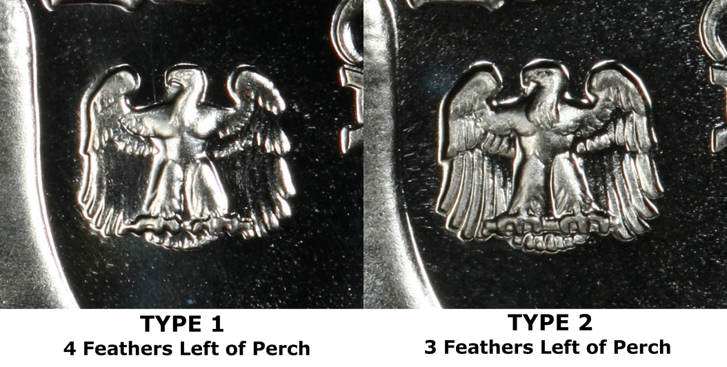 Original PCGS side-by-side reverse detail: Type 1 has four feathers left of the perch; Type 2 has three