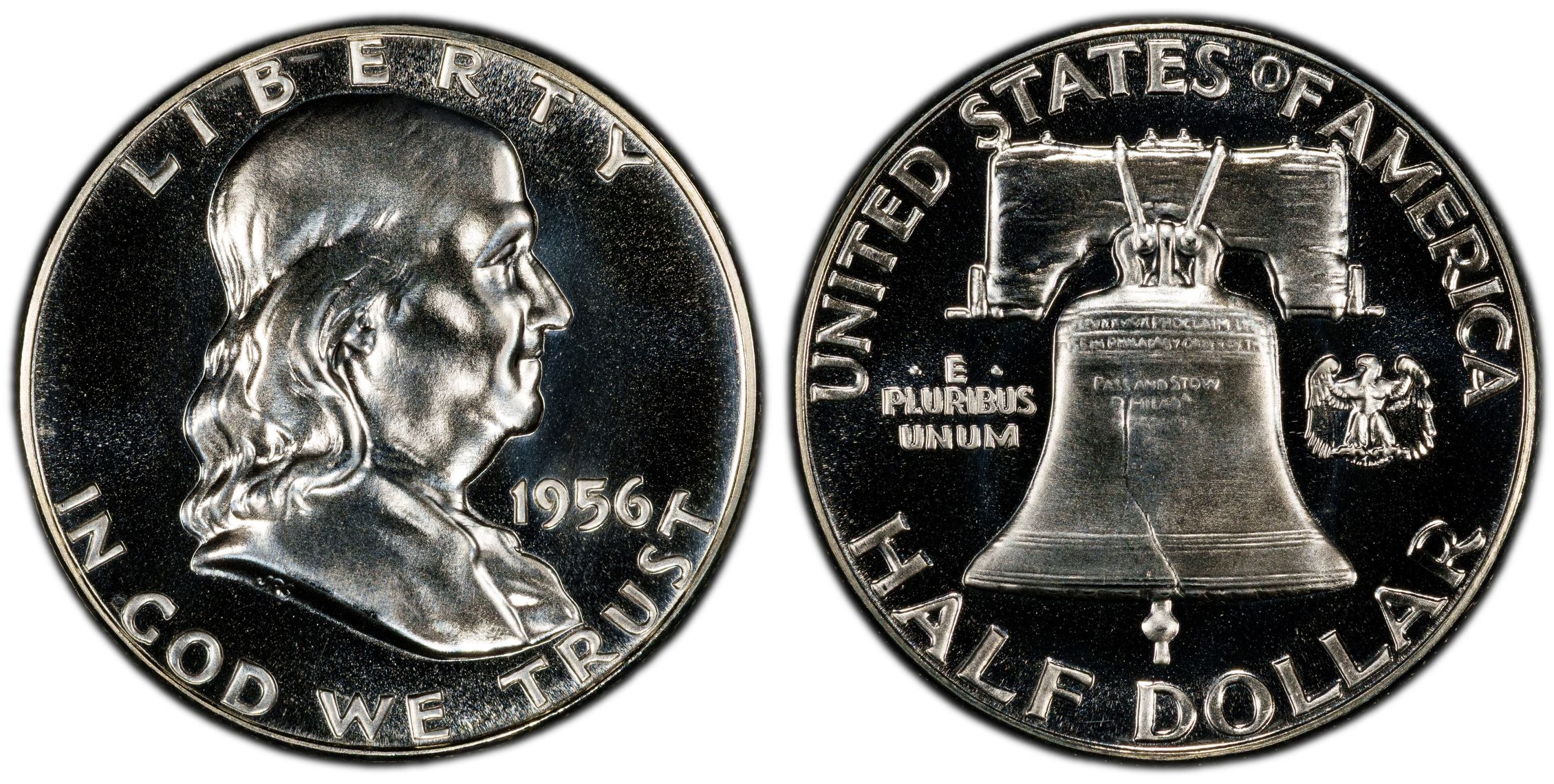 Complete obverse and reverse of a 1956 Type 1 Proof Franklin half dollar in PCGS reference photography