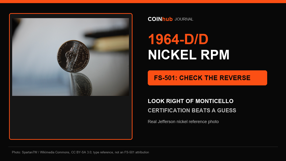 Real Jefferson nickel type-reference photo in a CoinHub graphic explaining where to inspect the 1964-D/D FS-501 reverse mint mark.