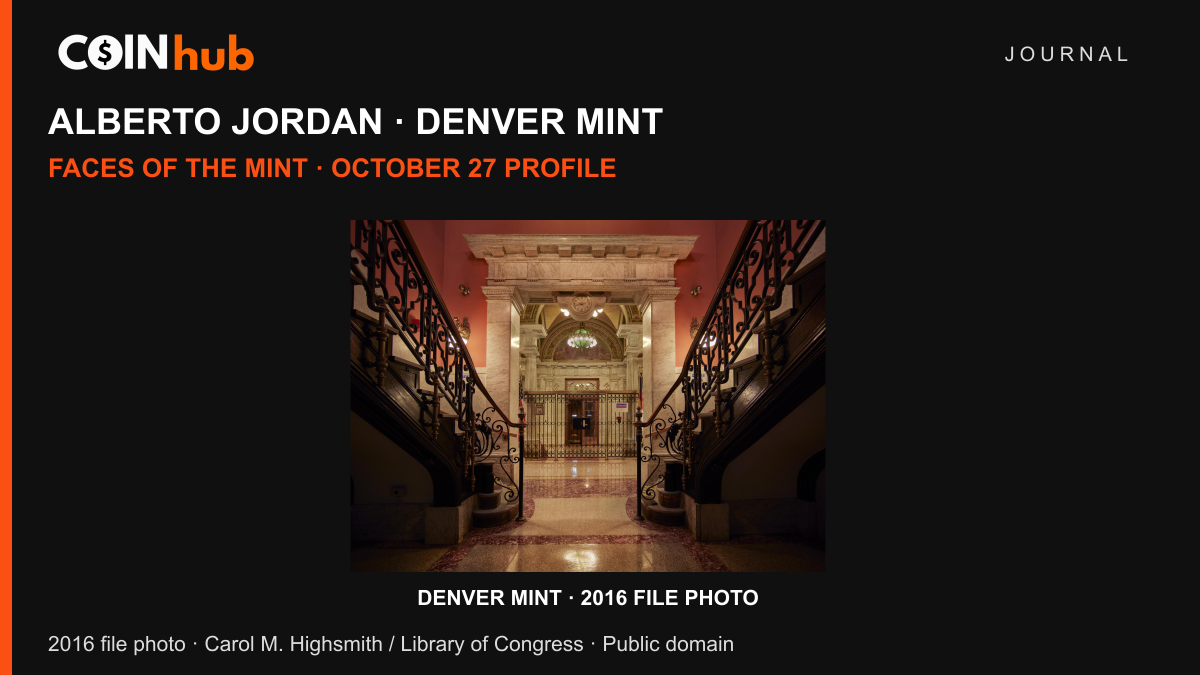 Historical Denver Mint interior photographed by Carol M. Highsmith in 2016, presented as context for the Alberto Jordan employee profile