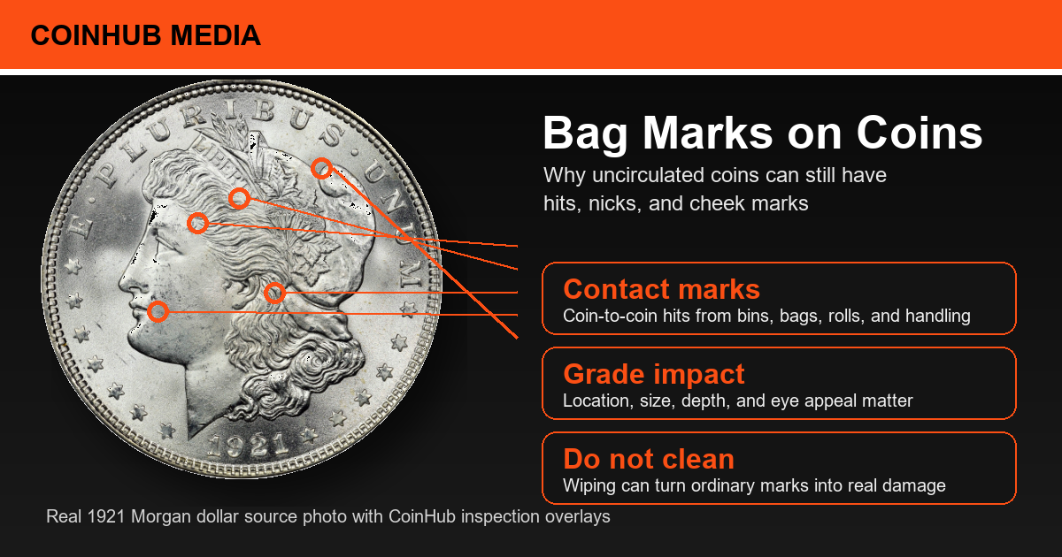 CoinHub bag marks on coins guide graphic using a real 1921 Morgan dollar photo with contact mark inspection overlays