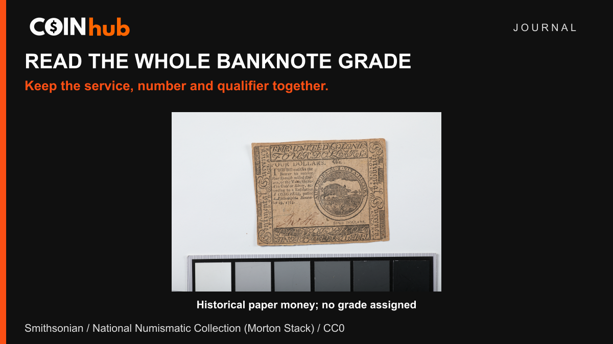 A four-dollar Continental Congress note bearing the date November 29, 1775, in a CoinHub banknote grade-reading graphic; no grade assigned.