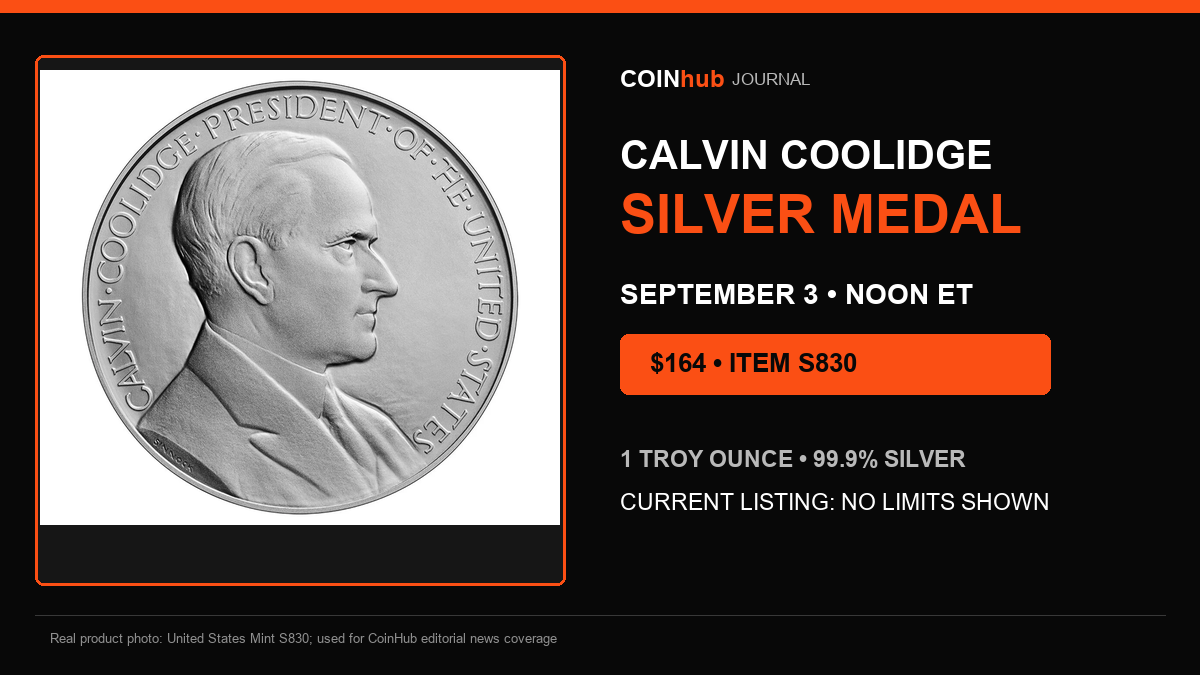 Real U.S. Mint product photo of the 2026 Calvin Coolidge Presidential Silver Medal in a CoinHub Journal release graphic
