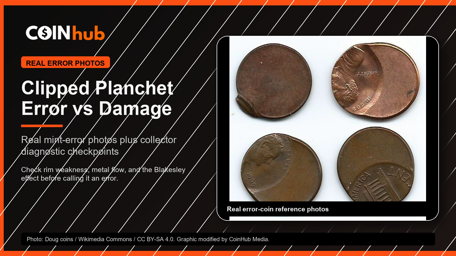 CoinHub clipped planchet error vs damage guide graphic using real off-center error cents as mint-error reference photos