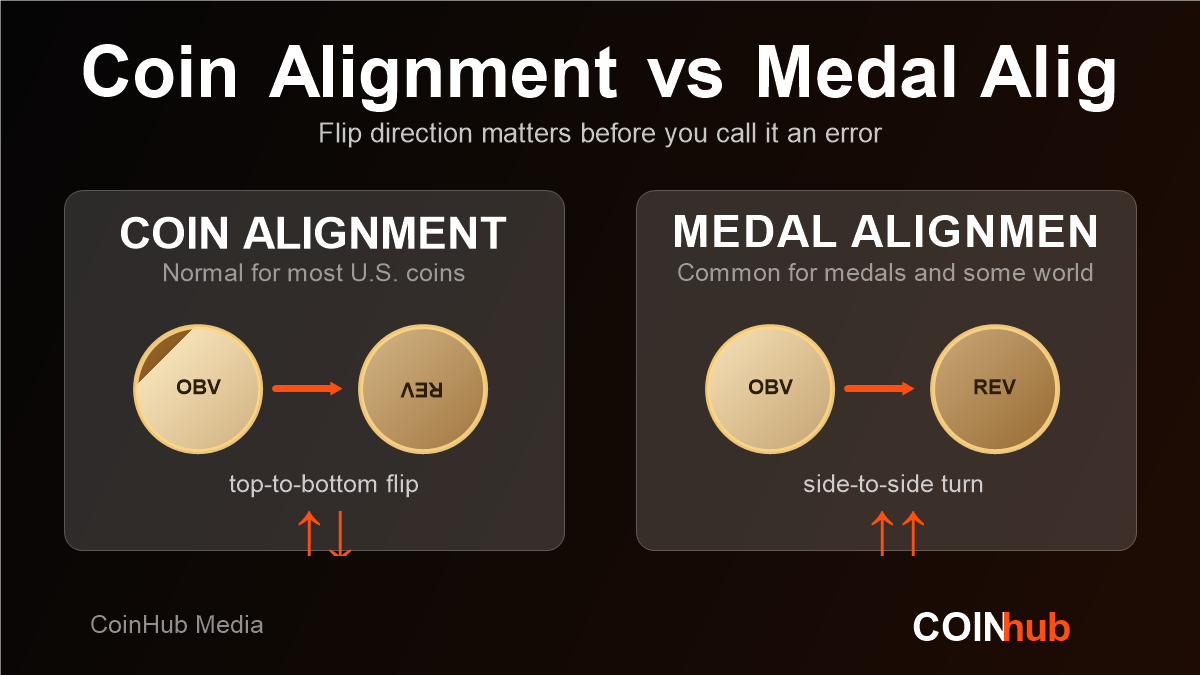Coin alignment versus medal alignment diagram showing flip directions on a U.S. coin