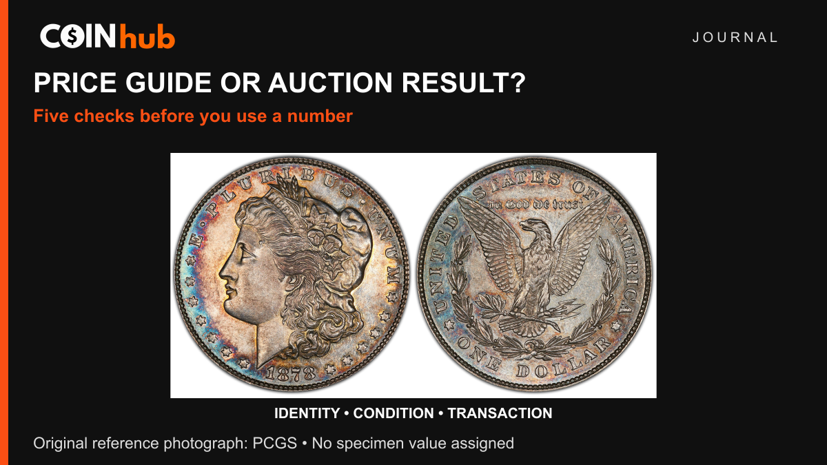 PCGS reference photographs of the obverse and reverse of an 1878 Morgan dollar, used to illustrate the need to compare an exact coin and condition.