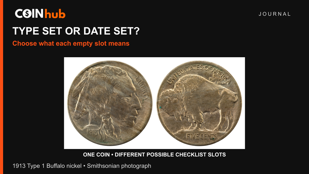 Smithsonian photograph of both sides of a 1913 Type 1 Buffalo nickel, illustrating a coin that can occupy different collecting checklist slots.