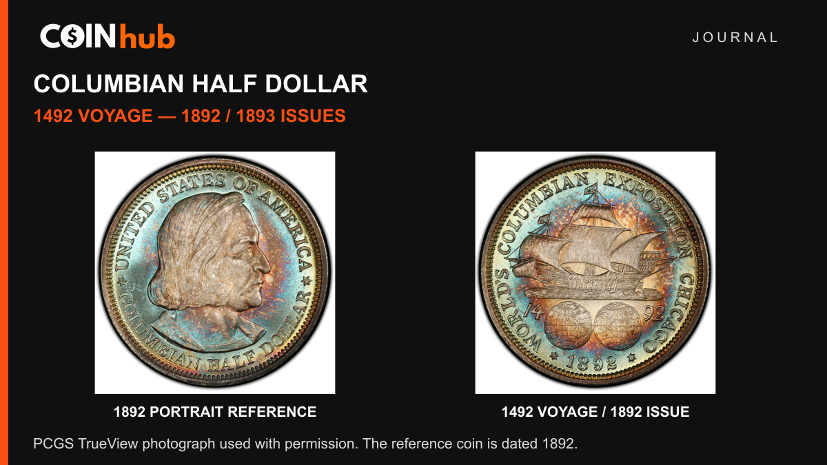 PCGS TrueView photograph of the complete front and back of an 1892 Columbian half dollar, including ship, globes and both dates