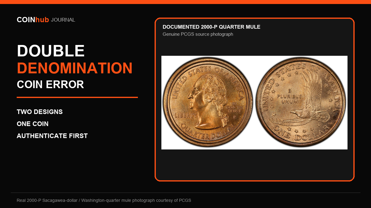 Documented PCGS photograph of a genuine 2000-P Sacagawea dollar and Washington quarter mule in a CoinHub double-denomination error guide graphic.