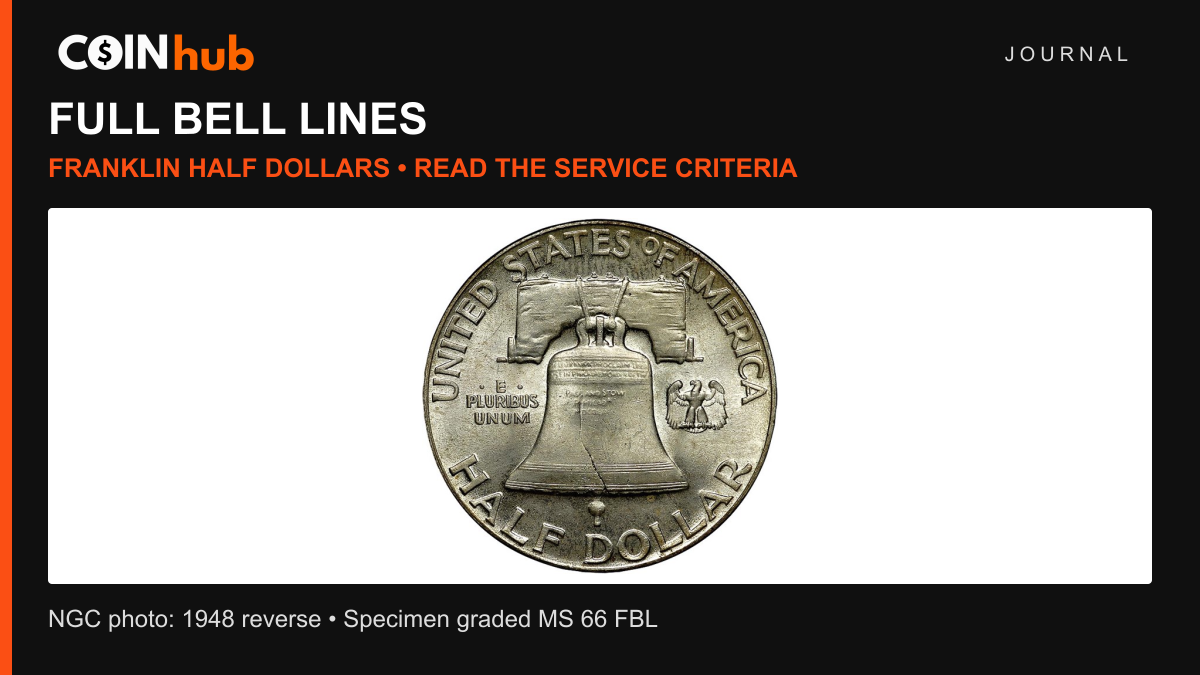 CoinHub Full Bell Lines graphic with the reverse of a 1948 Franklin half dollar, NGC MS 66 FBL
