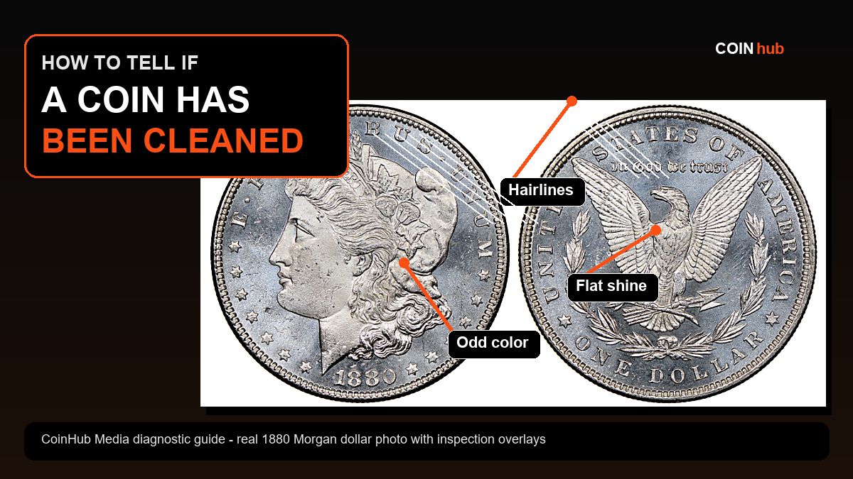 CoinHub guide graphic using a real 1880 Morgan dollar photo with cleaned coin inspection overlays for hairlines, flat shine, and odd color