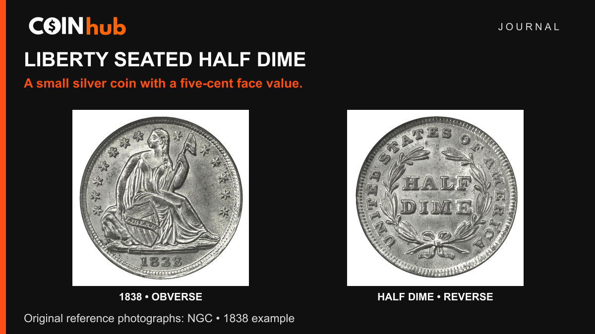 NGC photographs of an 1838 Liberty Seated half dime, with stars around Liberty on the obverse and HALF DIME inside the reverse wreath.