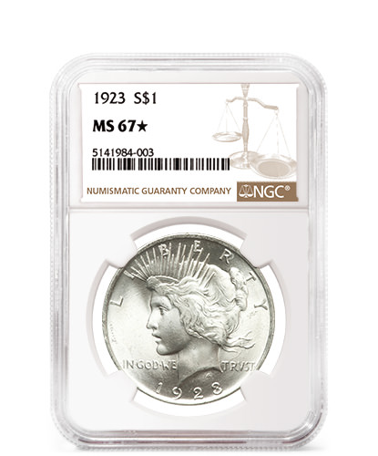 NGC holder containing a 1923 Peace dollar, shown as a grading reference