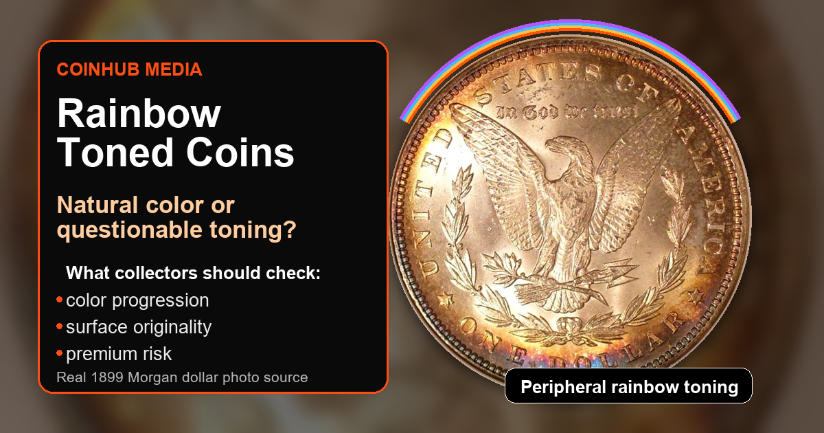 CoinHub guide graphic using a real rainbow-toned 1899 Morgan dollar reverse with natural versus artificial toning checks