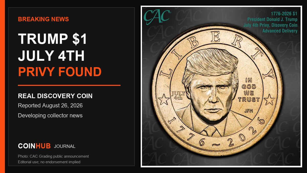 Real CAC-photographed 2026 President Donald J. Trump dollar showing the JULY 4th privy mark in a CoinHub breaking-news graphic.