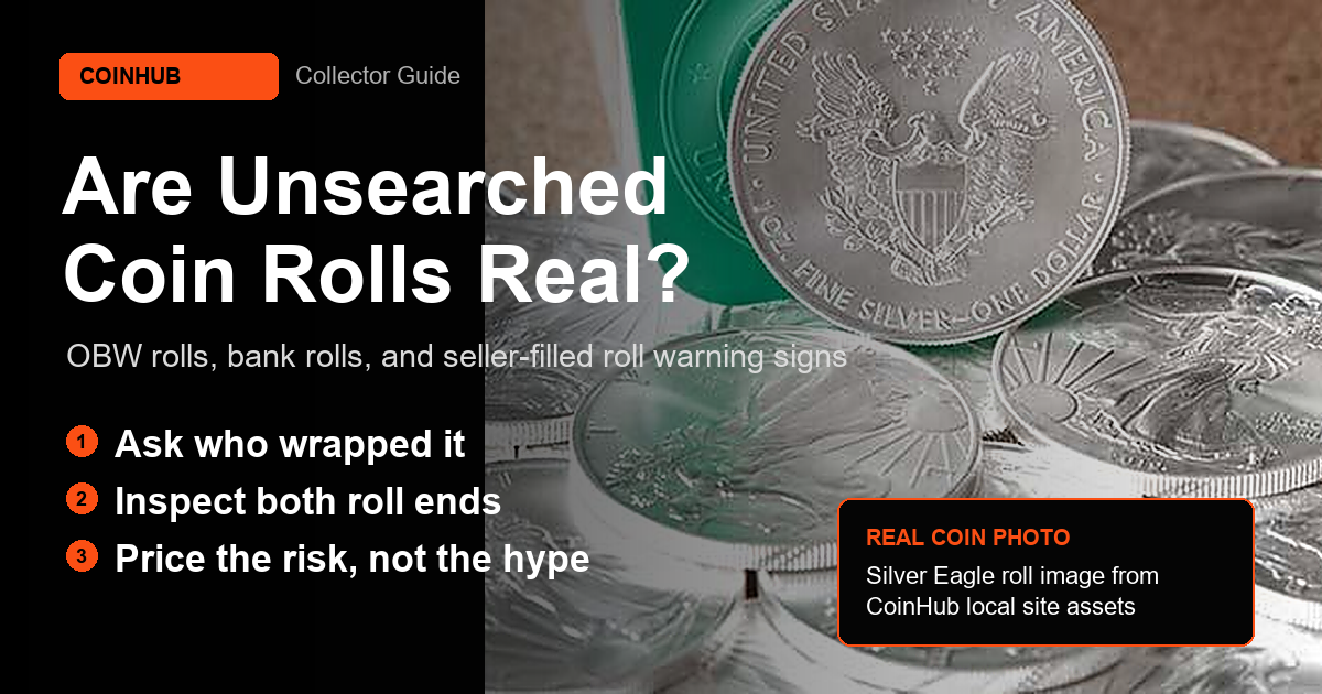 CoinHub guide graphic showing real Silver Eagle coins and roll buying warning signs for unsearched coin rolls