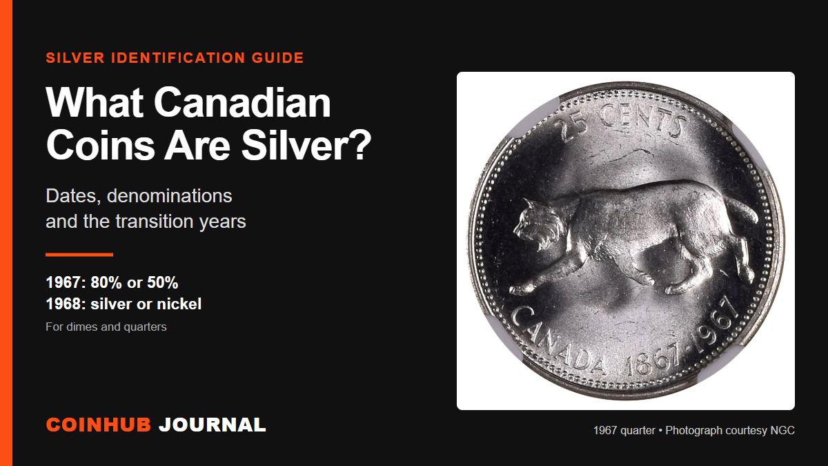 CoinHub silver-identification graphic with an NGC photograph of a 1967 Canadian quarter