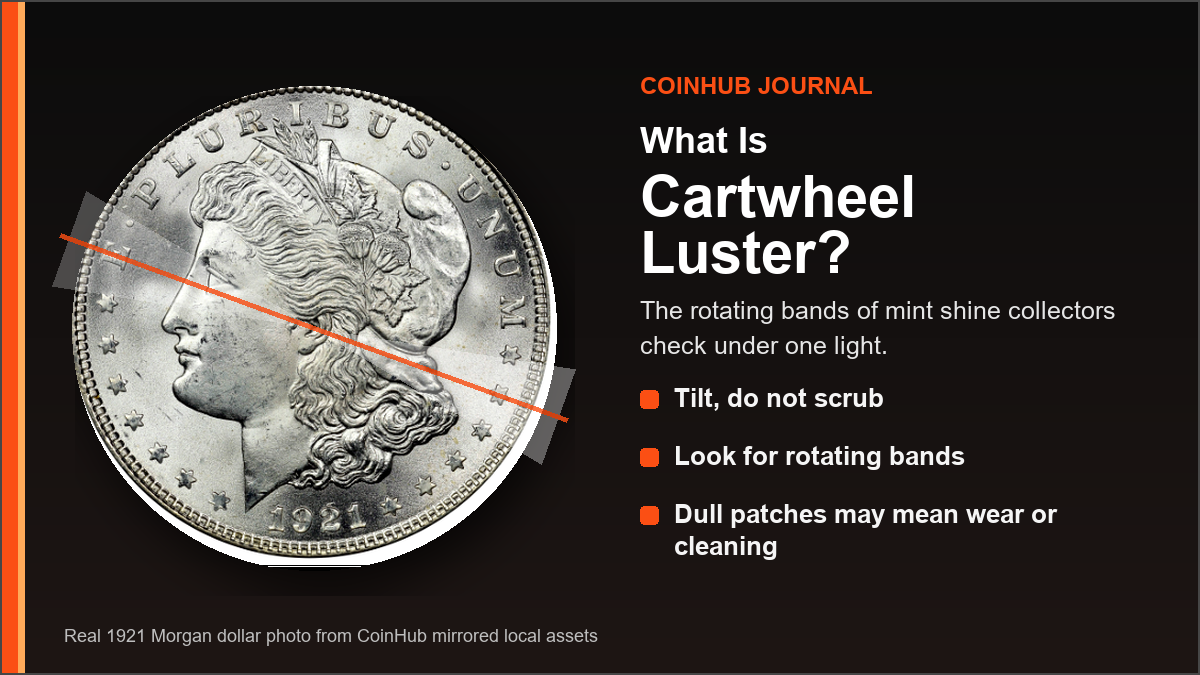 CoinHub cartwheel luster guide graphic using a real 1921 Morgan dollar photo with rotating light-band overlays
