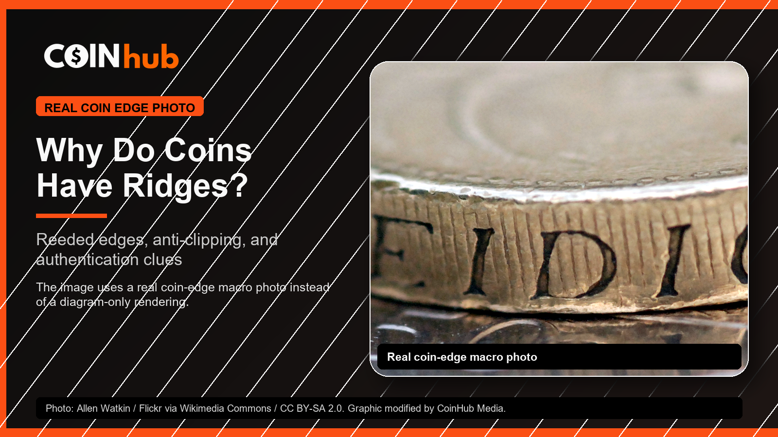 CoinHub guide graphic showing real coin edges to explain why coins have ridges and reeded edges