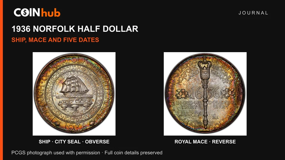 Genuine 1936 Norfolk half dollar with complete ship-side obverse and royal-mace reverse