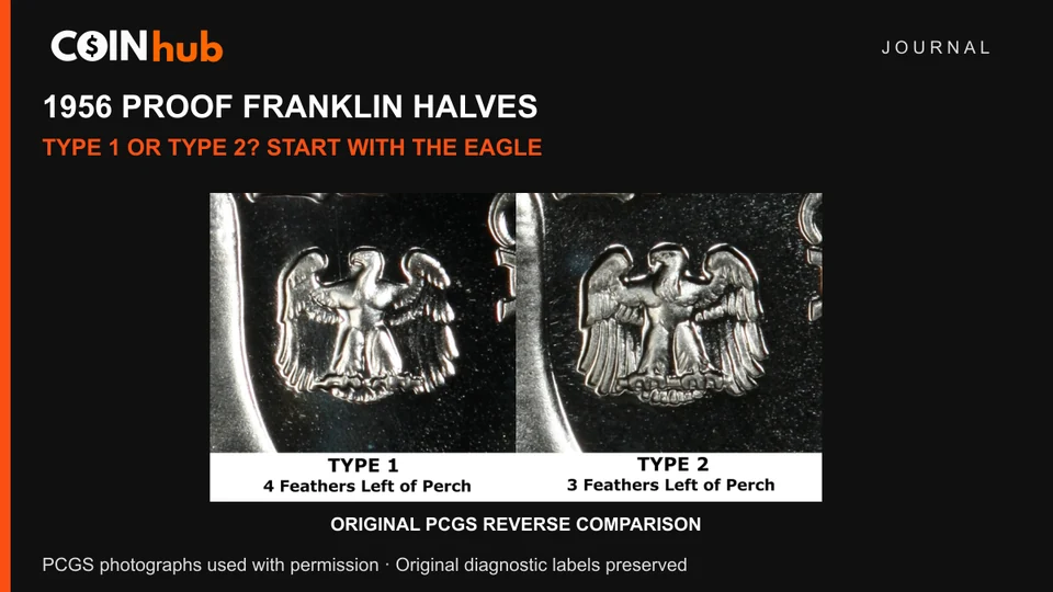 Original PCGS eagle reverse comparison for 1956 Proof Franklin half dollars, Type 1 with four feathers and Type 2 with three