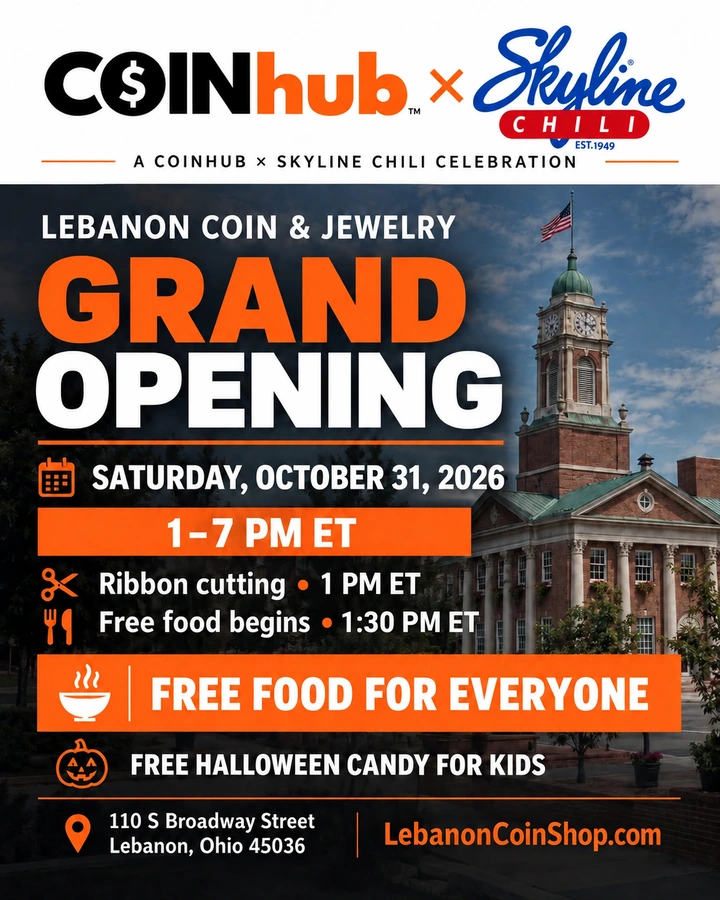 CoinHub and Skyline Chili grand opening poster: Lebanon Coin and Jewelry, October 31, 2026, 1-7 PM Eastern at 110 S Broadway Street; ribbon cutting at 1 PM, free food from 1:30 PM and free candy for kids