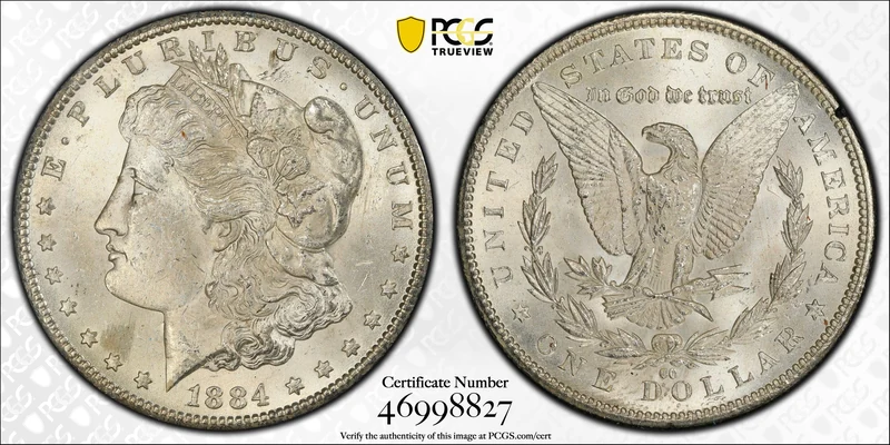 Obverse and reverse of a representative 1884-CC GSA Hoard Morgan dollar, PCGS MS63