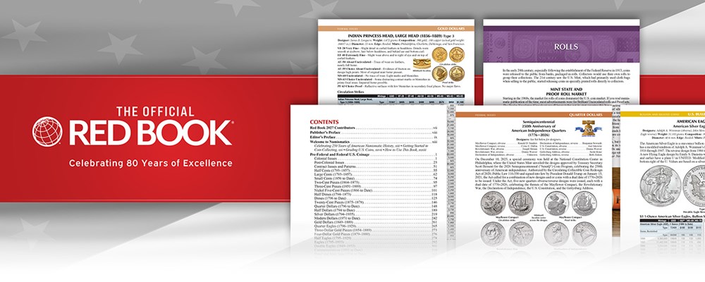 Inside pages of the 2027 Red Book showing contents, rolls, Indian Princess Head gold, quarter dollars, and American Silver Eagles sections