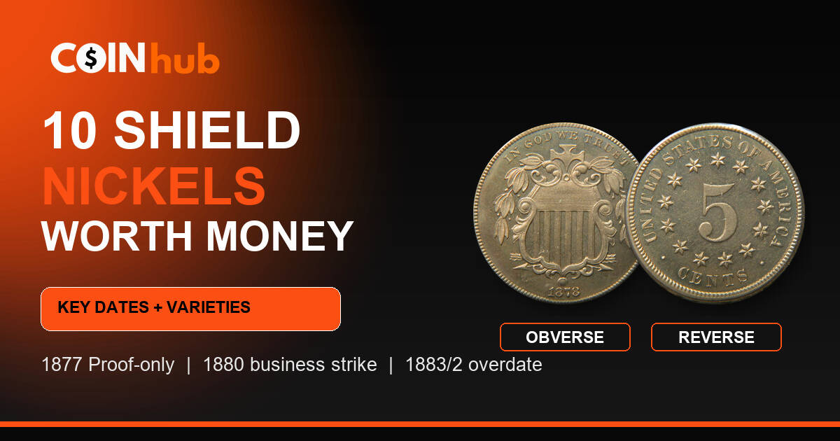 CoinHub guide image for 10 Shield nickels worth money with Shield nickel obverse and reverse