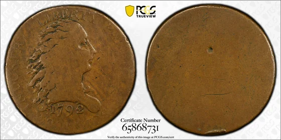 Representative Obverse and reverse of 1792 Birch cent pattern, One-Star Lettered Edge (Judd-5); PCGS TrueView photograph