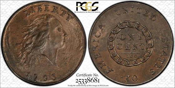 Representative Obverse and reverse of 1793 Chain cent, AMERICA without Periods (S-2); PCGS TrueView photograph