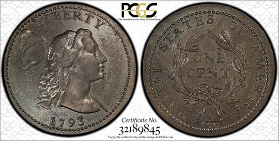 Both sides of the 1793 S-13 Liberty Cap cent, PCGS AU58BN Pogue specimen