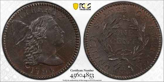 1794 Liberty Cap cent, Head of 1795 (S-67), PCGS MS64BN specimen, obverse and reverse